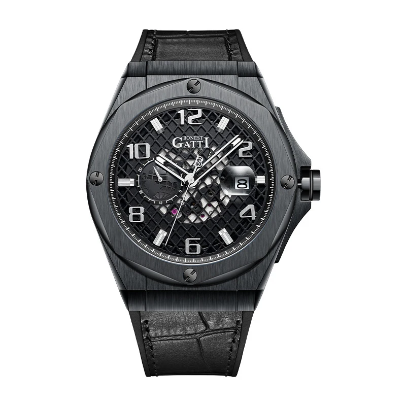 BONEST GATTI Automatic Watch Vintage Mechanical Wristwatch Stainless Steel Watchcase Leather Strap Date Watches For Men