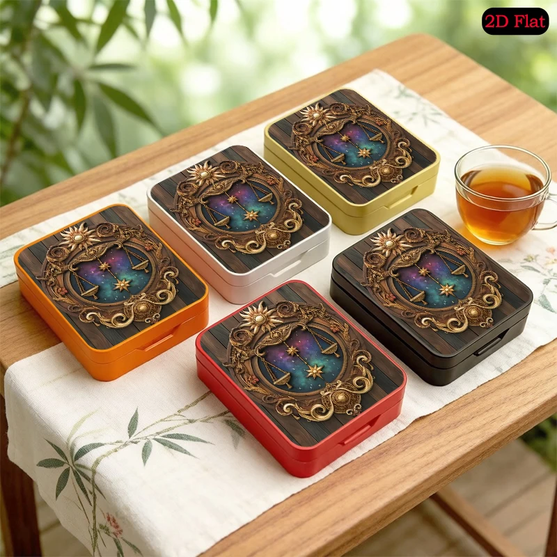 Libra Scale Emblem Theme Portable Flip Top Decorative Tin Box, UV Printed Custom Photo Tinplate Box, Travel Storage