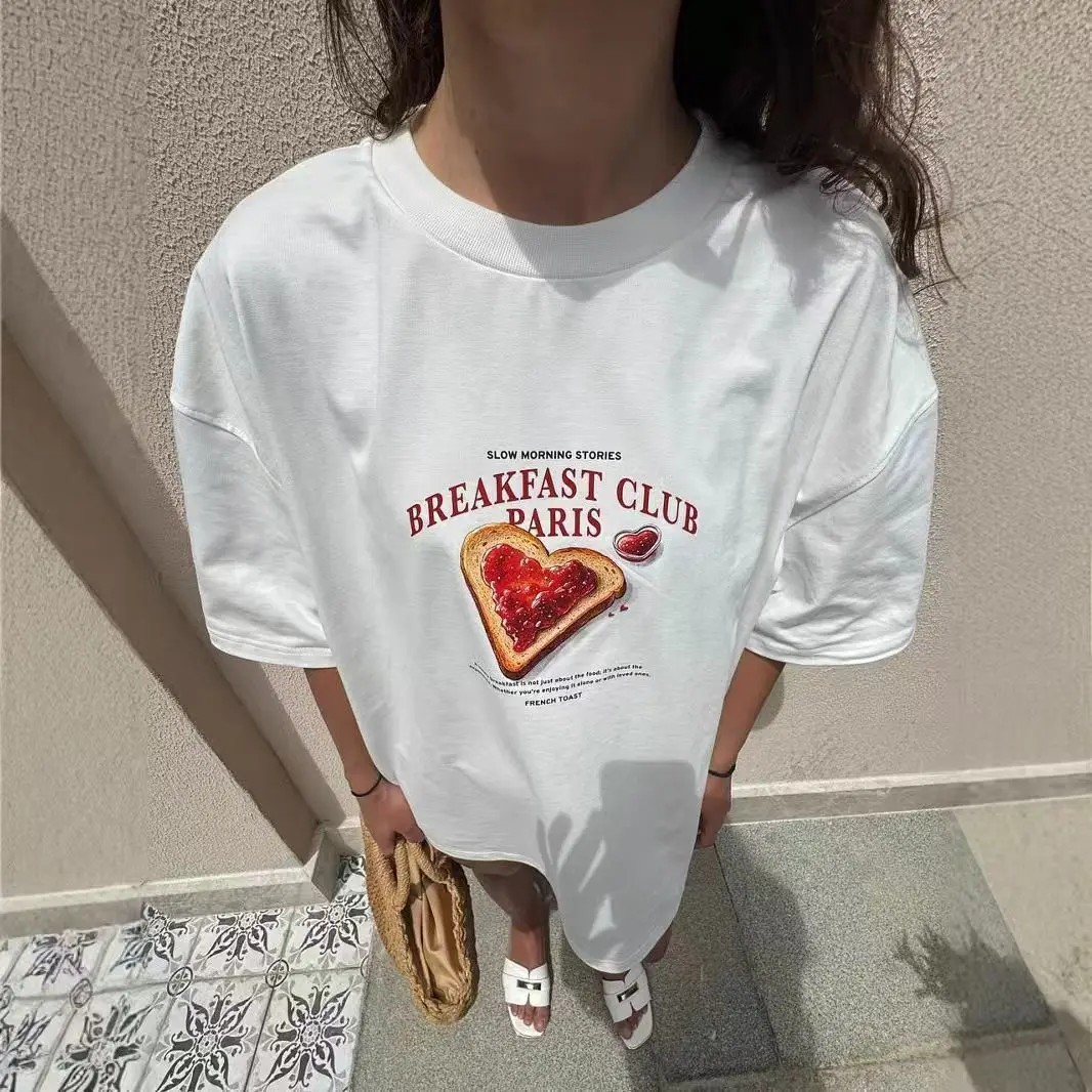 Camiseta holgada informal para mujer, 100% americano de algodón puro con estampado de Granada en forma de corazón Retro de dibujos animados para vacaciones de verano