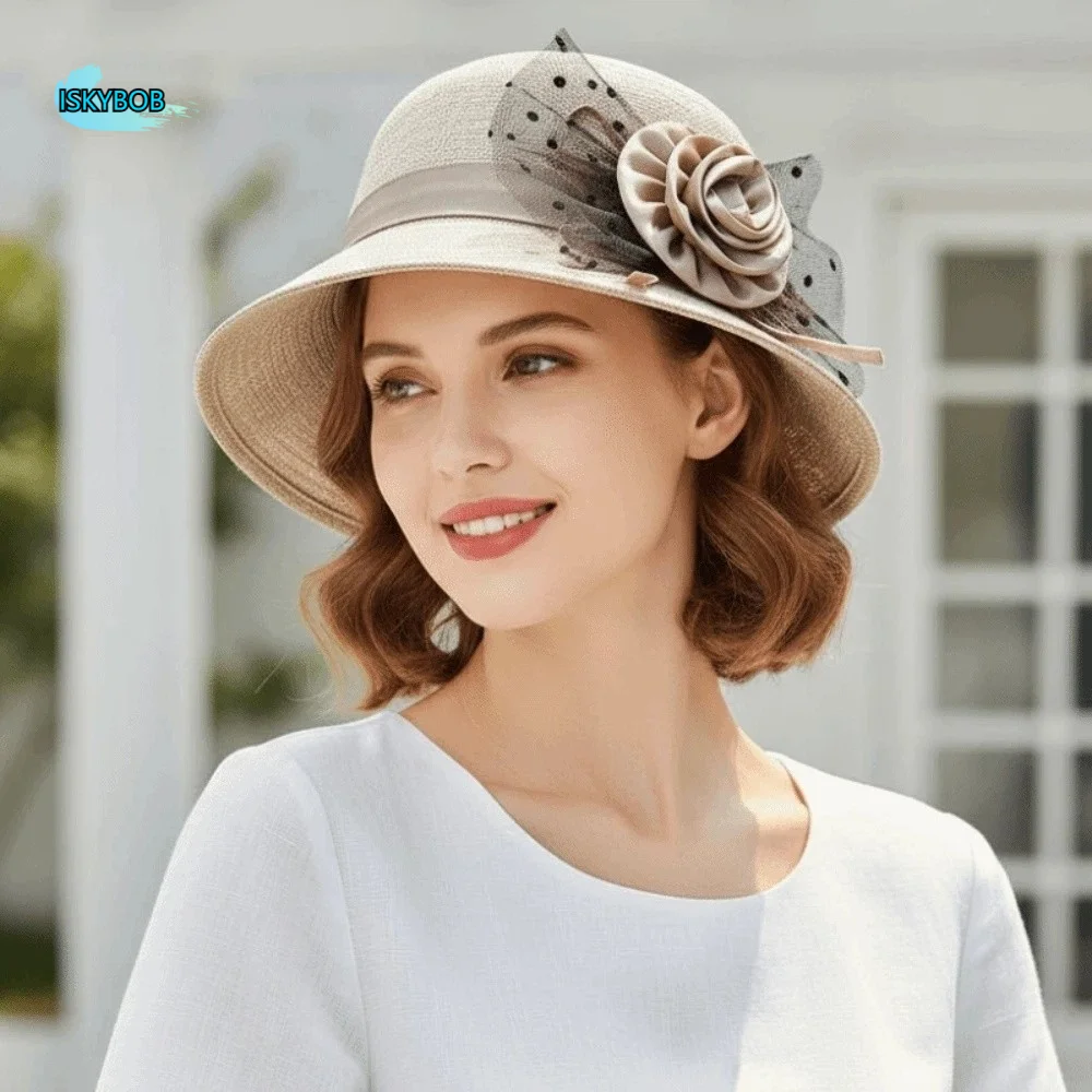 

Sunscreen Temperament Lady Bucket Hat Portable Polyester Flower Sun Fisherman Hat Lightweight Solid Color