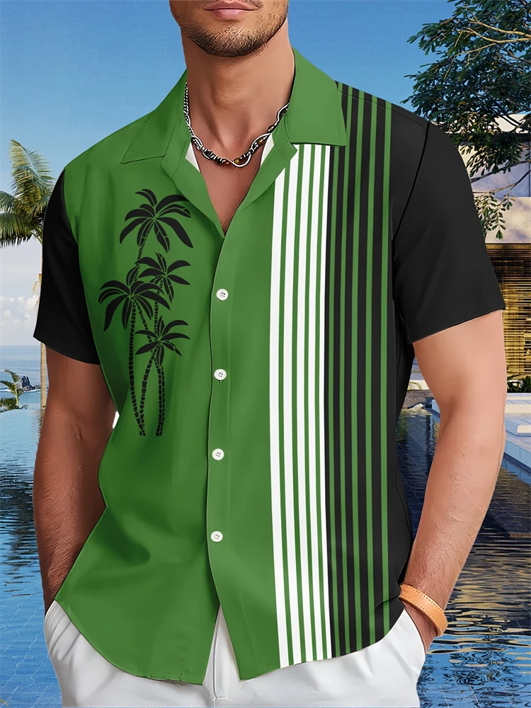 

New Men's Energetic Parrot Tropical Leaf Print Short-sleeved Shirt Casual Button Summer Beach Vacation T-shirt Fashionable Shirt