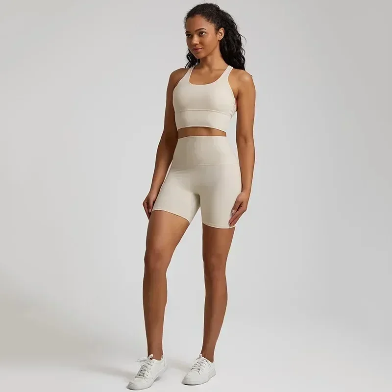 Lemon-Ensemble de yoga taille haute pour femme, legging court avec coussretours de poitrine, soutien-gorge de fitness, entraînement sportif, 2 pièces