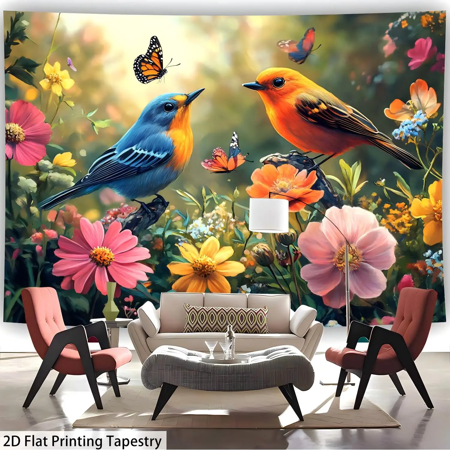 Colorful Birds Tapestry, Blue and Orange Birds with Butterflies and Flowers, Garden Wall Hanging for Bedroom