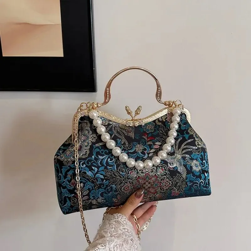 

Элегантная сумка с цветочным принтом, ремешок с жемчужной цепочкой, повседневная сумка-тоут в ретро-стиле для женщин