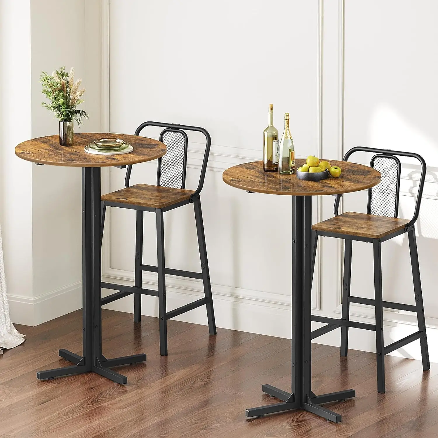 Round Bar Table Set of 2, Counter Height Pub Table, Bar Height Cocktail Table, Versatile Use, for Dining Room, Kitchen, Bar, Pub, Cafe, Rustic Brown and Black BT10L2BR
