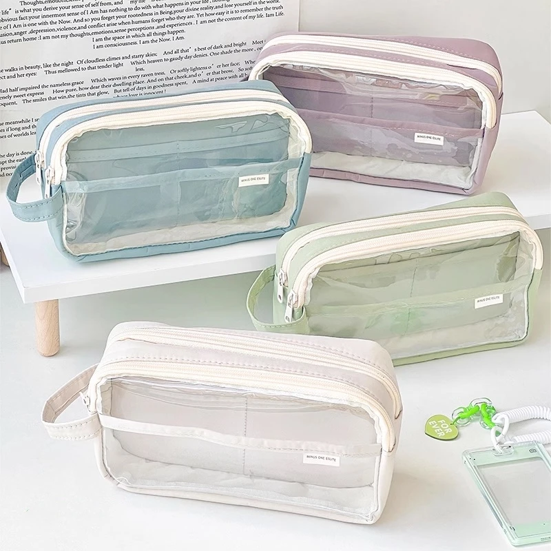 handheld transparente lapis case dupla camada caneta bolsa batendo cor quadrado bolsa de armazenamento para papelaria escola f7473 01