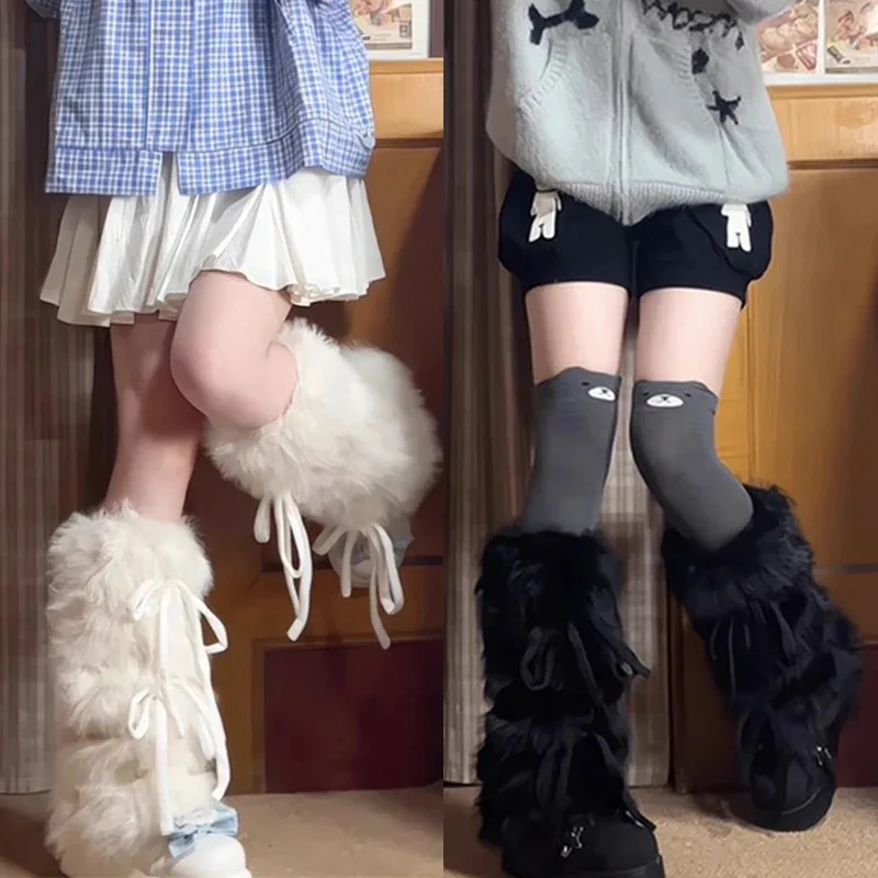 

Lolita JK Girls Boot Cuffs Leg Warmers Women Winter Warm Harajuku Sweet Ribbon Bowknot Furry Plush White Boot Cover Long Socks