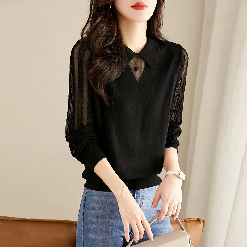 

Autumn Polo Collar Lace Spliced Sheer Mesh Women Sweaters Office Lady Basic Black Knitted Tops Pullover Korean Sweaters Jumpers