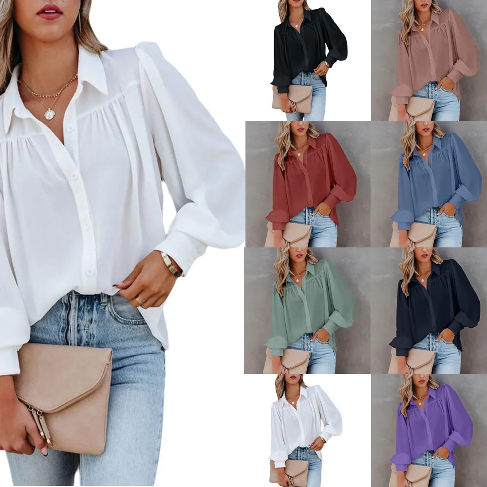 

2026 Amazon Long-Sleeve Buttoned Top Lantern Sleeve Pleated Solid Color Stand Collar Loose Shirt Women's