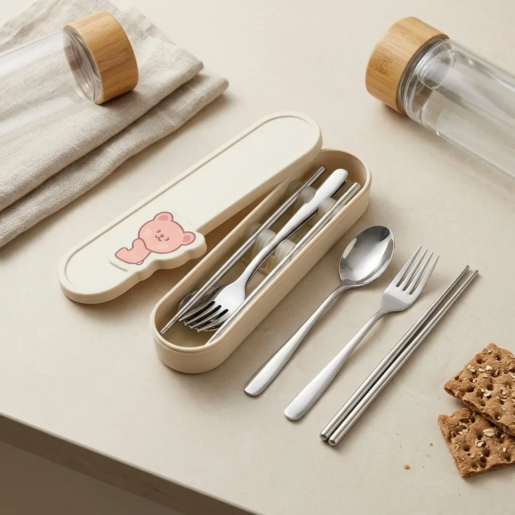 Portable Stainless Steel Cutlery Set with Bear Case Travel Spoon Fork Chopsticks Tableware Silverware Utensils for School Lunch