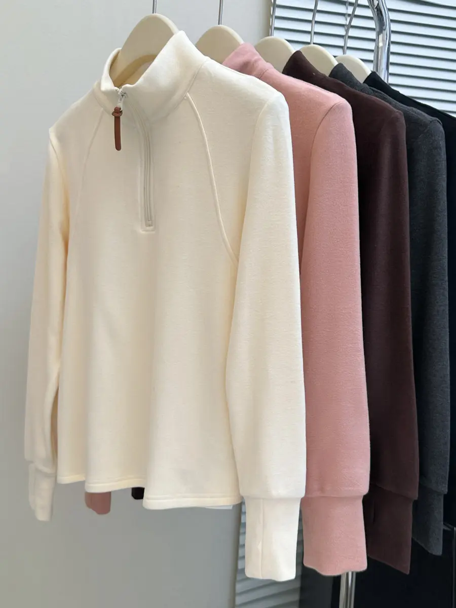 Thermal Half-Zip Long Sleeve T-Shirt for Women Winter Slim Fit Thick Fleece Lined Top Basic Pullover Sweatshirts