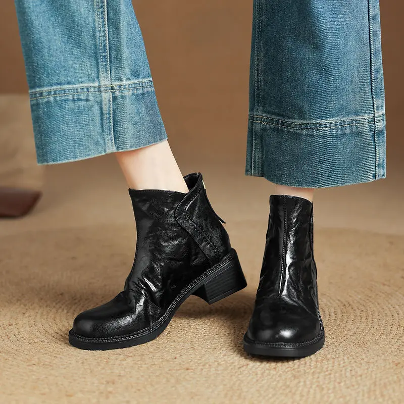 2027 New Plus Size 34-42 Genuine Leather Boots Women Zipper Square Mid Heels Autumn Winter Ankle Boots Ladies Shoes Black Brown