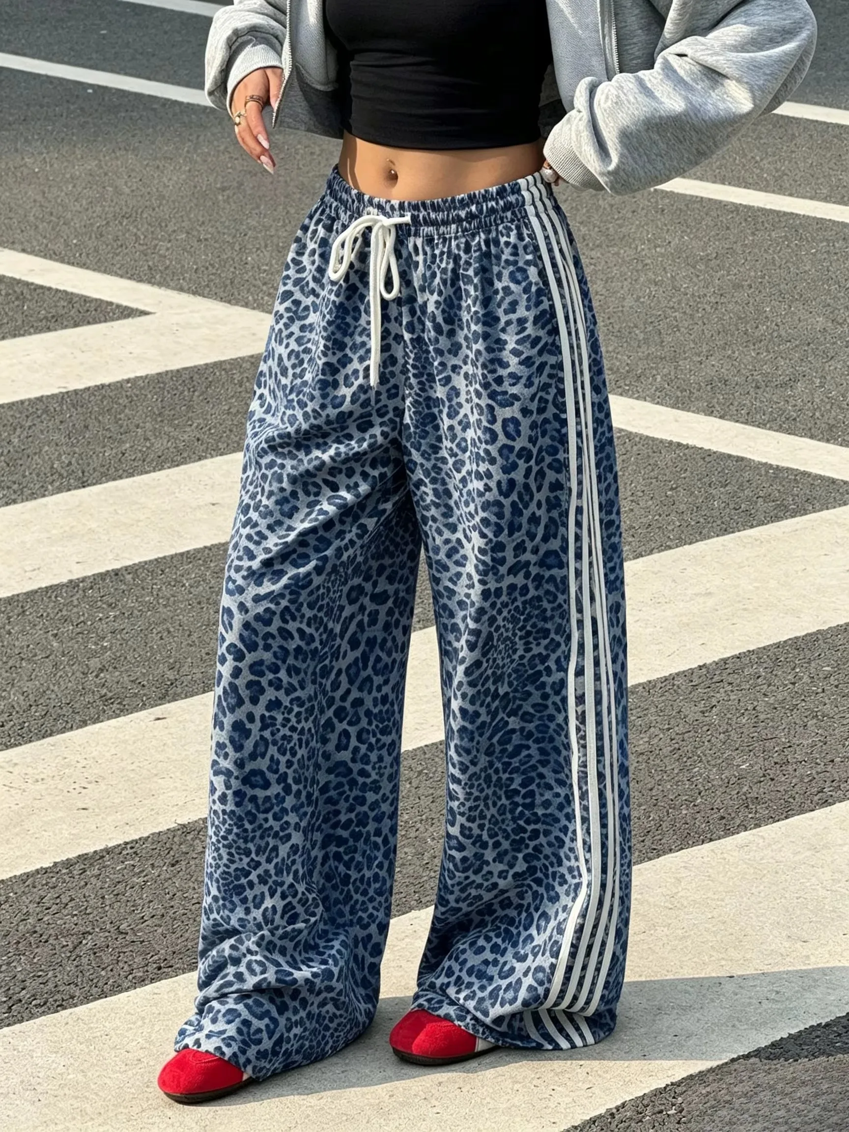 Y2K Blue Leopard Print Side Stripe Straight Leg Sweatpants Unisex Vintage Street Style Trousers for Club Night Daily Outfit