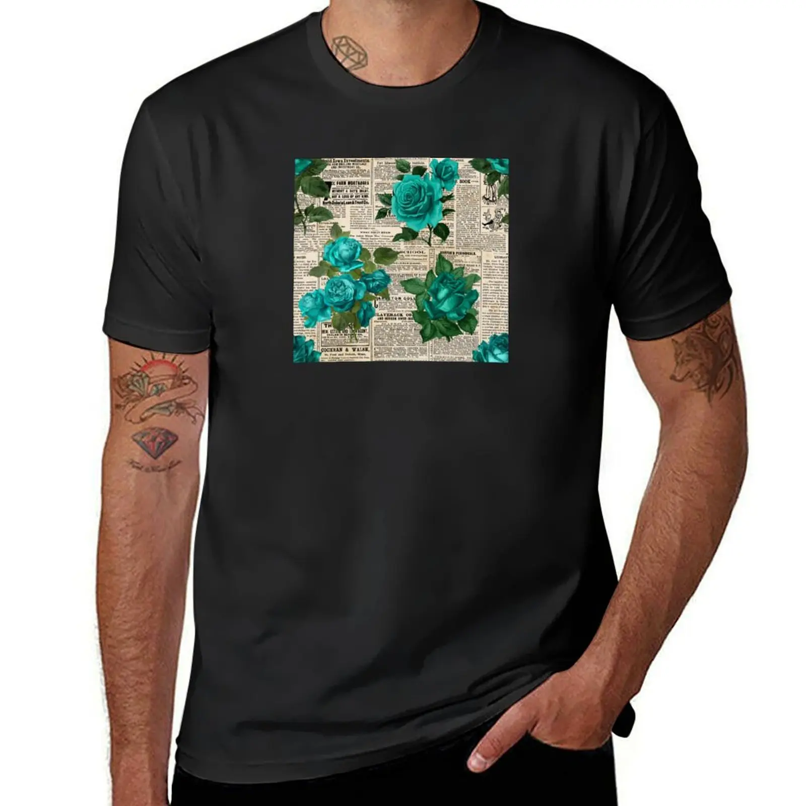 Vintage Teal Rose Newspaper T-Shirt customs design your own customizeds summer top blacks fruit of the loom mens t shirts