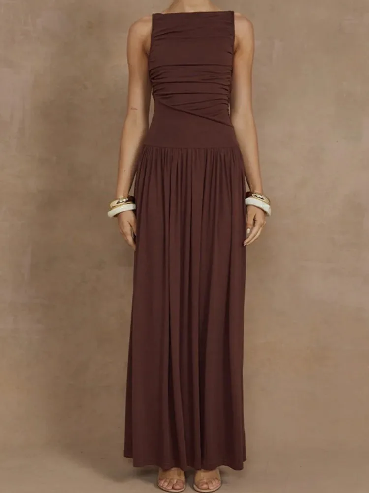 Fashion Solid Color Slim Party Evening Dresses Women Temperament Folds Bodycon Sleeveless Long Dress Elegant Lady Club Vestidos