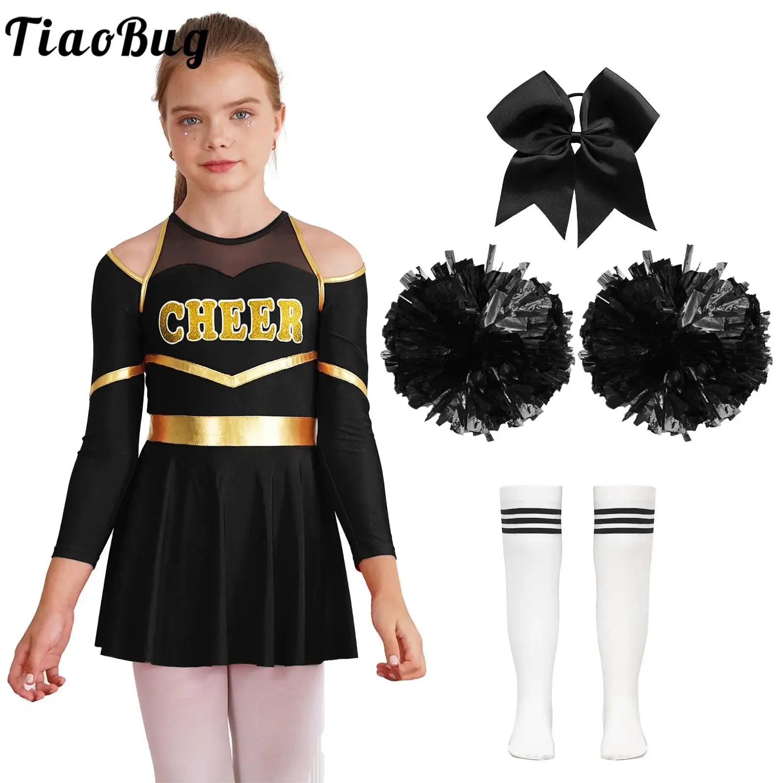 Cheer Leader Cheerleading Trajes para meninas, uniformes de manga comprida, vestido de dança com meias Pom Poms, roupas infantis