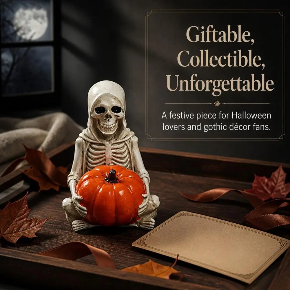 Halloween Skull Decoration Small Halloween Statue Skeleton Holding Pumpkin Figurine Resin Grim Reaper Statue Halloween Spooky
