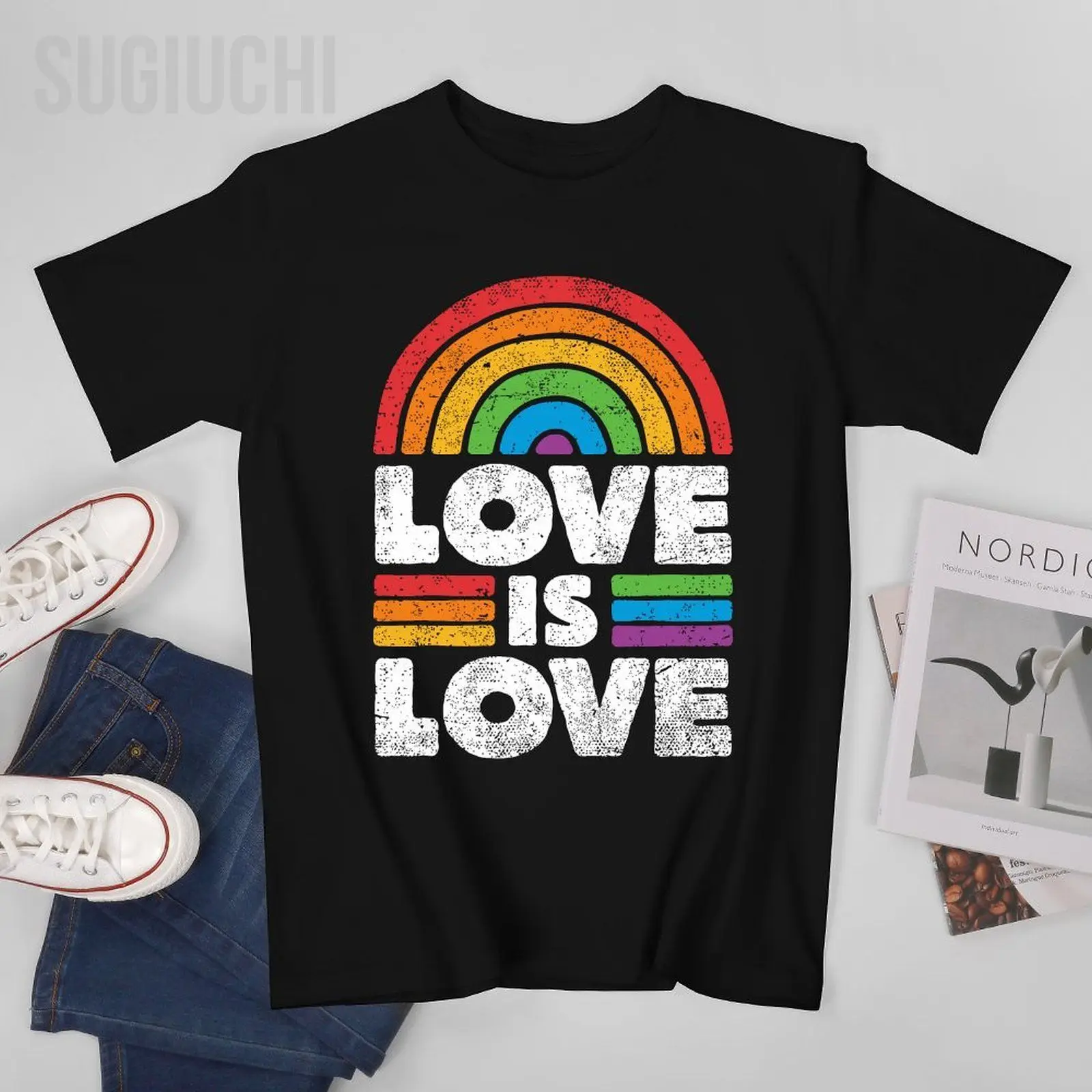 Unisex Men LGBTQ Love Is Love Gay Pride LGBT Ally Rainbow Flag Vintage Tshirt Tees T Shirts Women Boys 100% Cotton T-Shirt