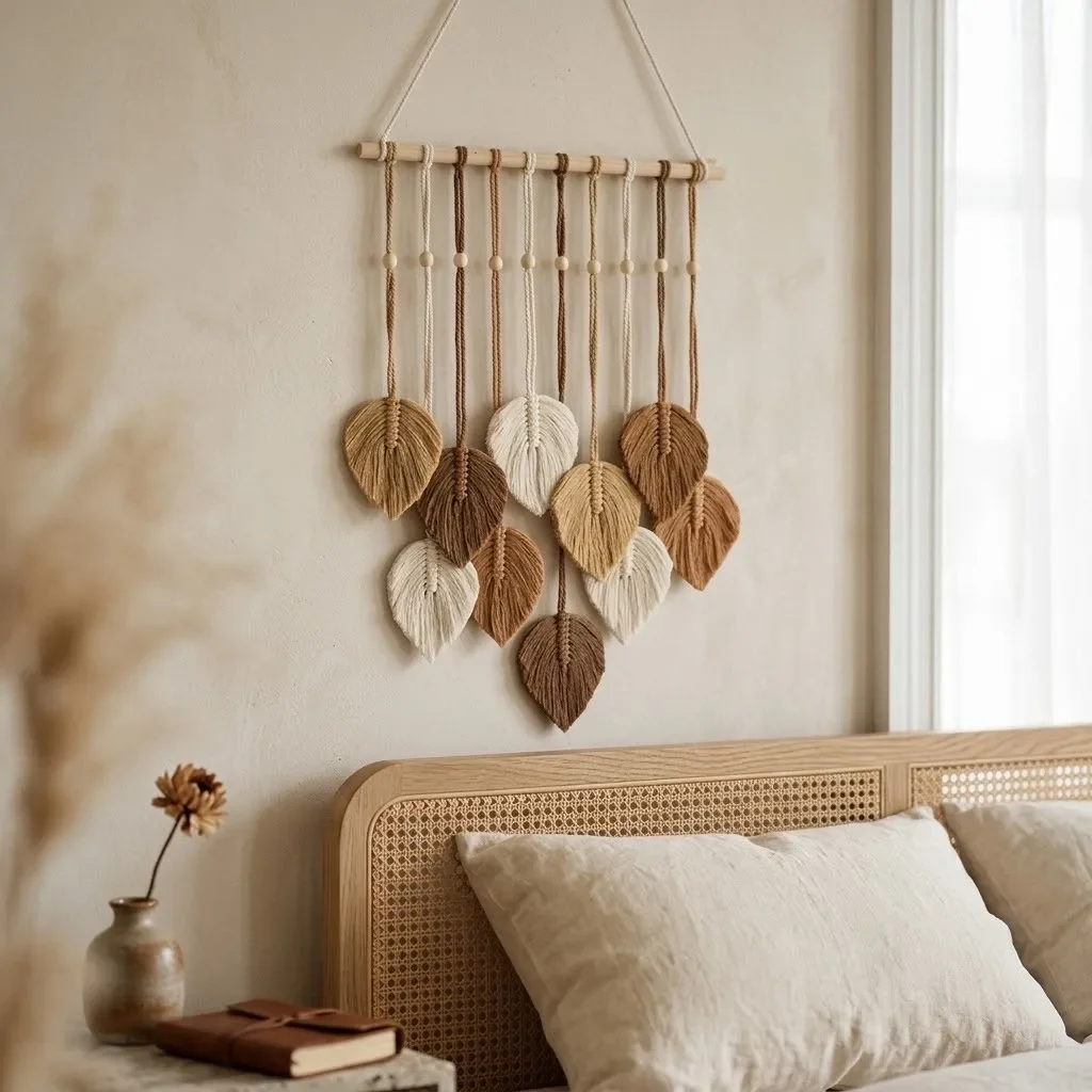 Macrame Leaf Tapestry Wall Hanging Boho Woven Wall Decor Handmade Leaves Pendant Bedroom Room Wall Decoration