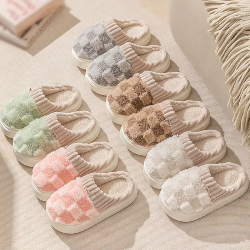 

Slippers Soft Sole Flip Flops For Women And Men Home Indoor Non-slip Cotton Shoes Fashion Couple Winter Slides Warm Plaid Fluffy