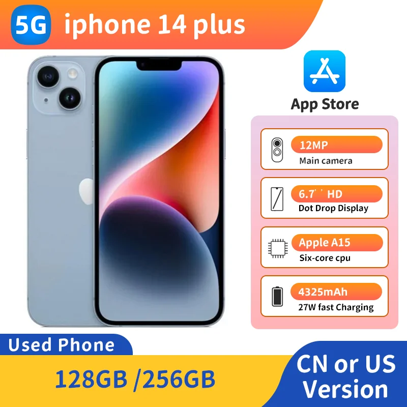 كاميرا Apple iPhone 14 Plus 5g غير مقفلة IOS بشاشة 6.7 بوصة وكاميرا 12 ميجابكسل بطارية NFC 4323 مللي أمبير في الساعة في حالة جيدة آيفون مستعمل أصلي #1