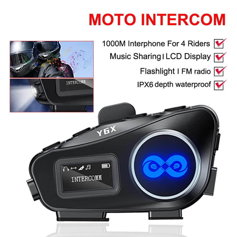 Y6X Bluetooth Motorcycle Intercom Helmet Headsets,BT 5.1 Wireless Communication Interphone Music Sharing 1000m For 4 Riders