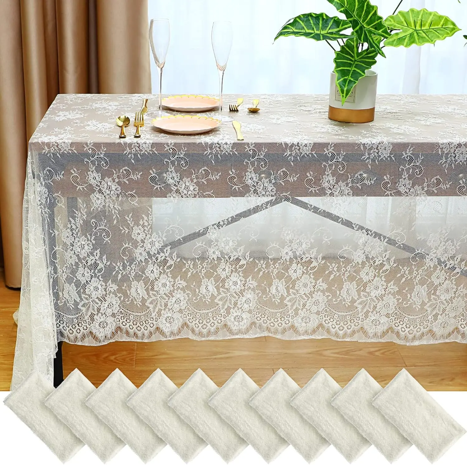 

Ivory Lace Tablecloths - 10 Pack, 59x118 Inches, Floral Embroidered Overlay for Wedding, Baby Shower, Party