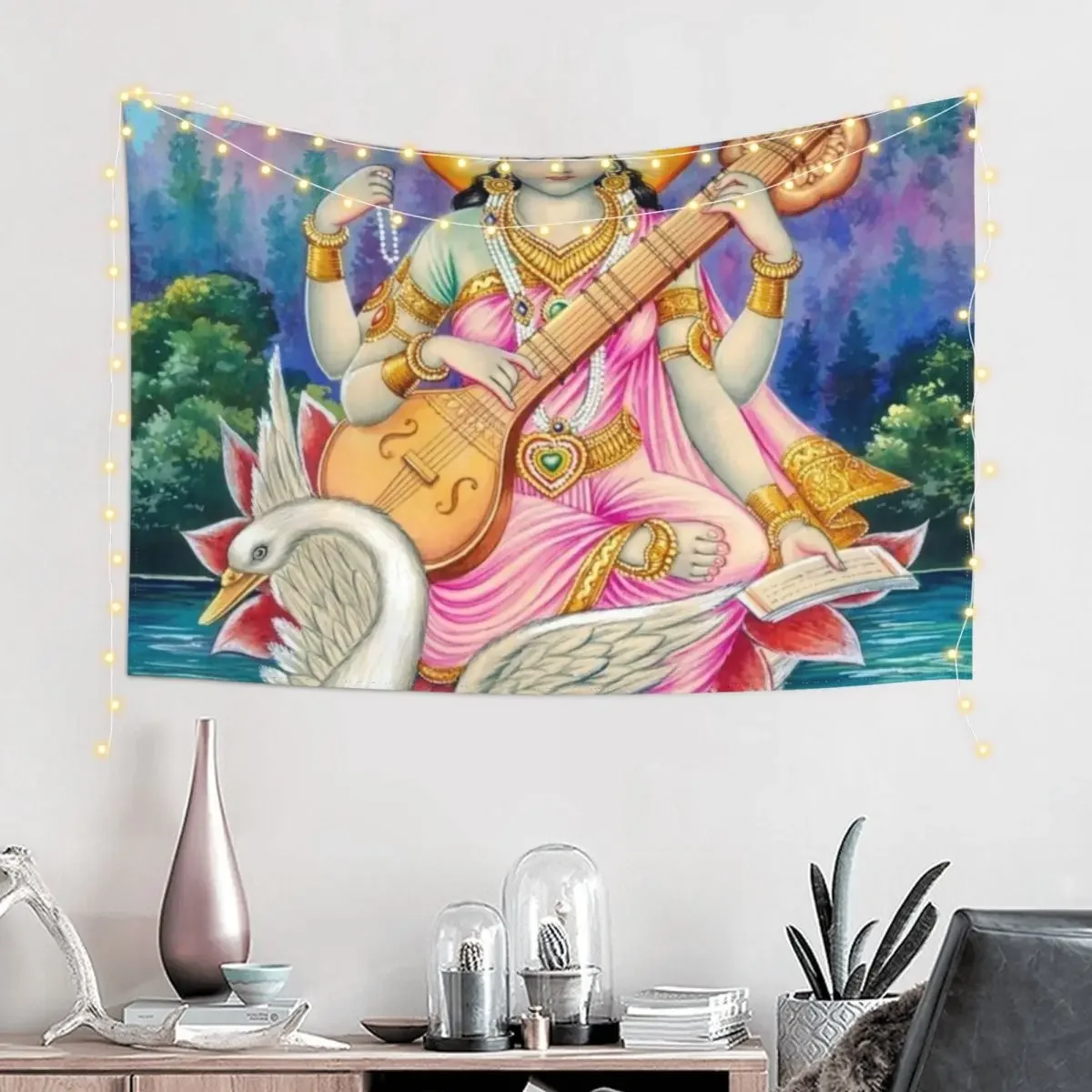 Saraswati Mata Painting Tapestry Cute Decor Room Decorating Aesthetic Funny Mushroom Tapestry