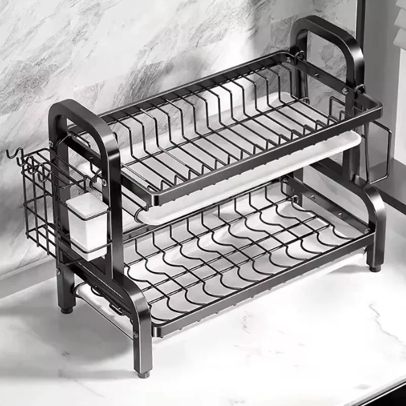 2-Tier Dish Drying Rack Rust-Proof Drainboard Set Compact Dish Bowl Drainer with Utensil Holder Countertop Dinnerware Organizer