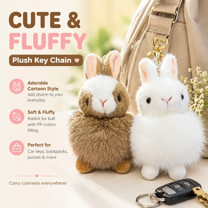 

Key Chain, Rabbit Fur Ball Pendant, PP Cotton, Cartoon Kawaii Style, for Car/Backpack Accessories