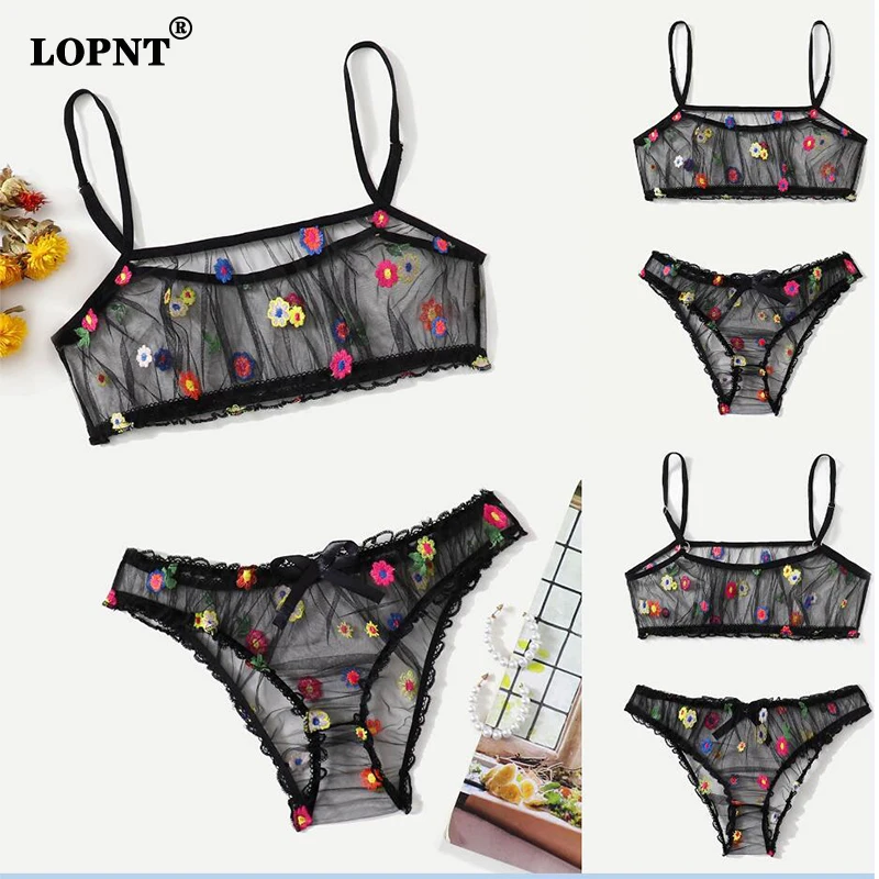 LOPNT Fashion Bra Set Women\'s Sexy Embroidery Lingerie Wire Free Transparent Underwear Embroidered Mesh Sheer Lingerie Set Bh