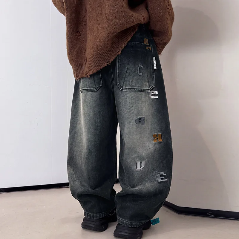 Korean Style SpringAutumn Baggy Jeans for Kids with Letter Embroidery Teenage Boys Black Denim Pants Fashion Children's Clothing