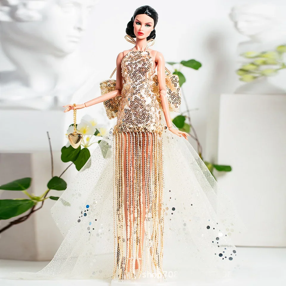 Ornate dress gown / golden clothing set + shoes / 1/6 Doll clothes suit outfit accessories for 30cm Xinyi Fr2 ST PP Barbie Doll