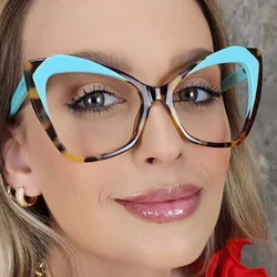 Fashion Brand Design Cat Eye Color Blocking TR90 Frame Large Anti Blue Light High Vision Glasses Degree 0 +1.5 +2.5 +3.5 +4.5