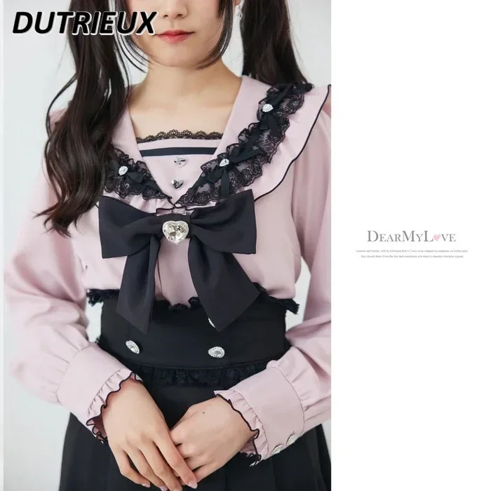 Japanese Sweet Girl Navy Style Big Bow Shirt Spring Autumn All-matching Blouse Mine Kawaii Cute Long-sleeved Lace Tops