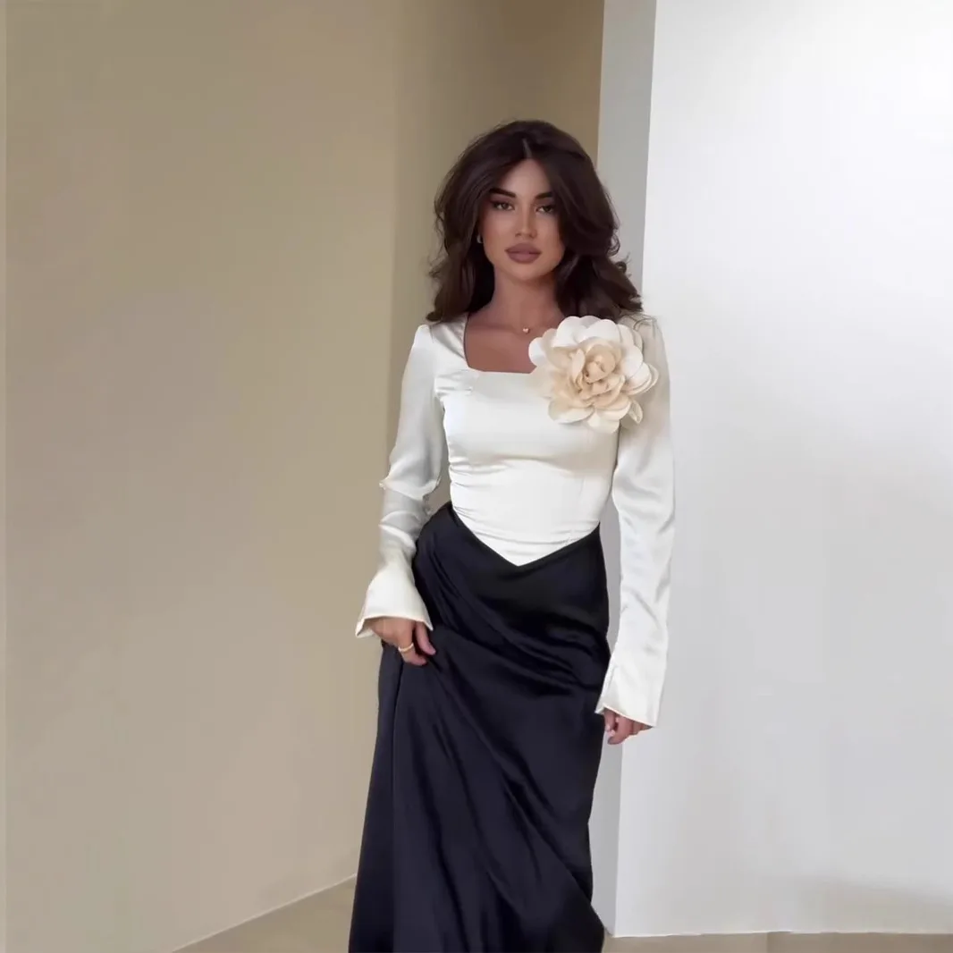 Herbst 2022, lang, Satin, schmal, Spleißfarbe, Blo Flower Accory, Dr. Ele Sle, plissiert, mittlere Taille, Polyesterfaser, Blase...