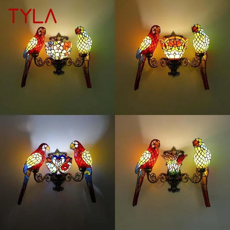 

TYLA Tiffany parrot Wall Lamps American countryside Children's room Homestay Villa Hotel Stained Glass Animal Decoration Lamp