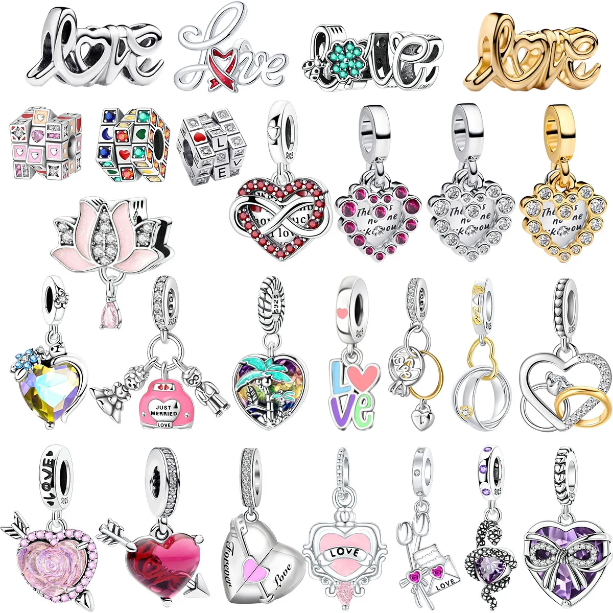 

925 Sterling Silver Pink Love Bow Four-leaf Clover Heart Charms Rings Pendants Fit Original Bracelet DIY Fine Jewelry Women Gift