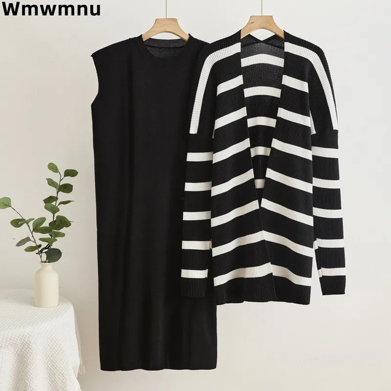 Elegant Sriped Women Knitted 2 Piece Sets Korea Loose Mid-length Cardigan Coats Tops Conjunto Casual New Sleeveless Dress Outfit