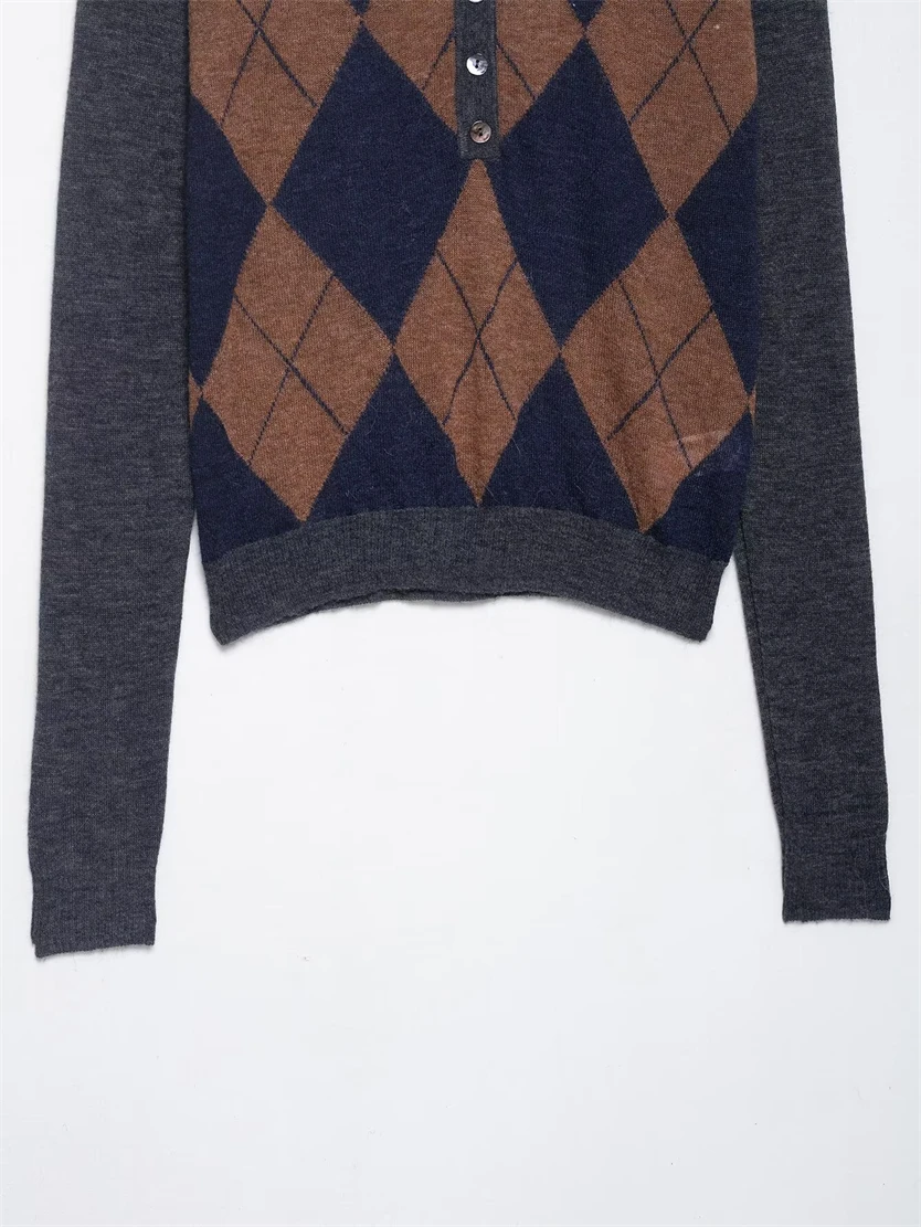 Damski sweter wkładany przez głowę, nowość na wiosnę/jesień 2025, damska codzienna moda, dzianinowa koszulka polo w romby.