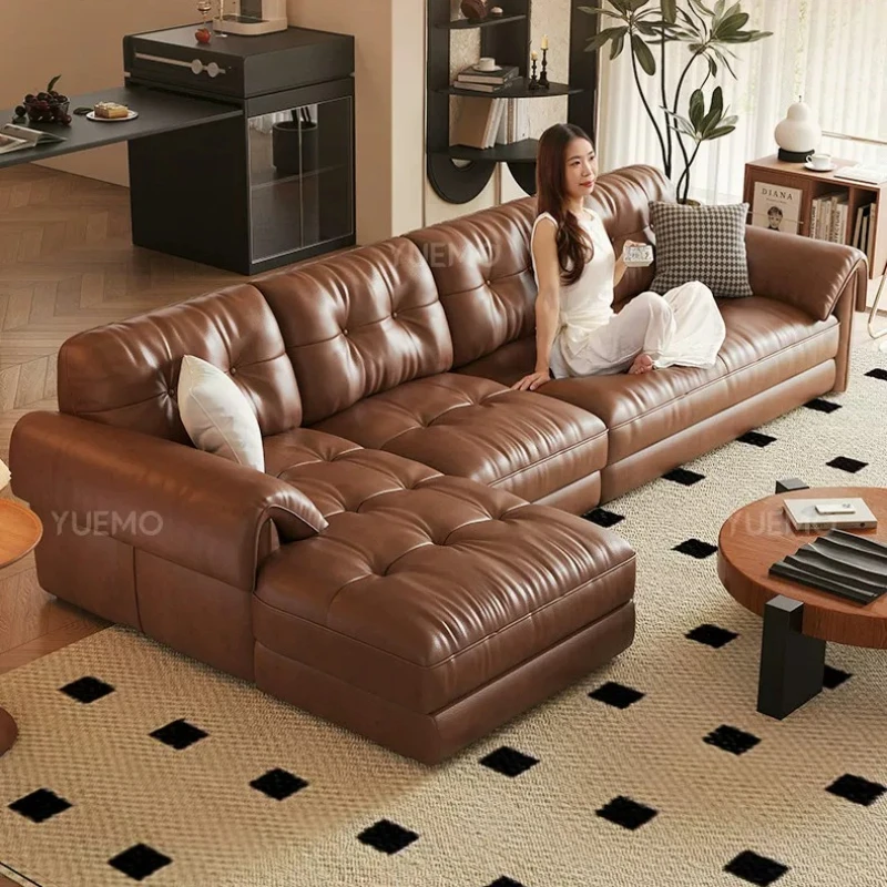 Leather Sofa Italian Minimalist Top Layer Cowhide Caramel Color Retro Style Straight Row Noble Concubine Living Room Sofas Couch