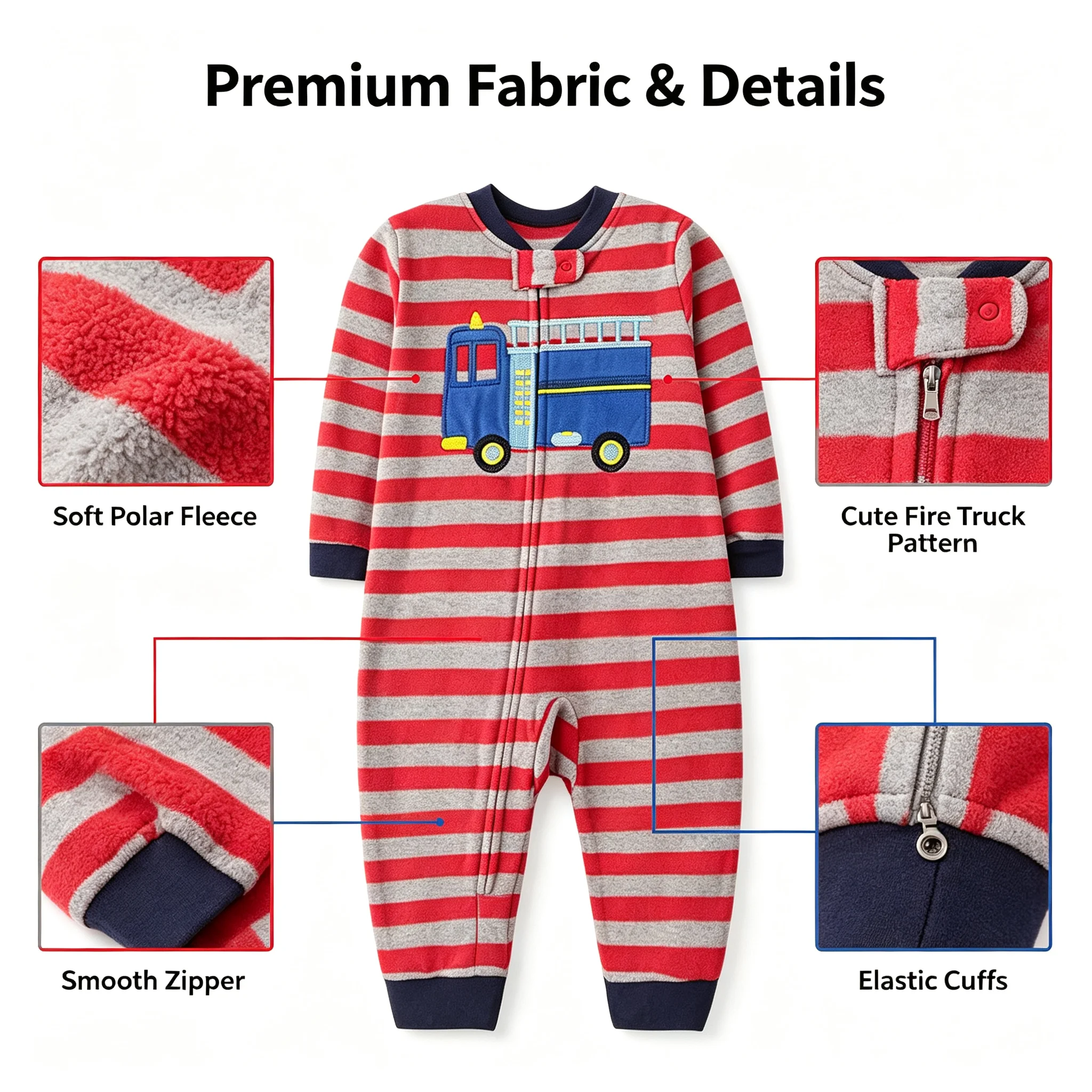 Baby Boys Warm Polar Fleece Romper Footless Design Fire Truck Embroidery Striped Long Sleeve Zipper Infant Clothes