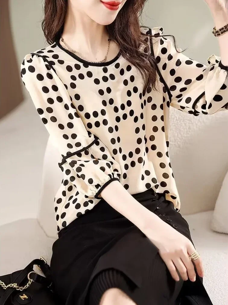 Spot French Gentle Bubble Sleeves Shirt 2024 Summer New Wave Dot Flesh Covering Versatile Women\'s Shirt