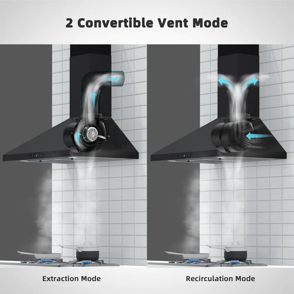 Hotte noire à montage mural convertible avec moteur sans balais, ventilateur 9 vitesses, commandes douces au toucher, 450 CFM, 30 po