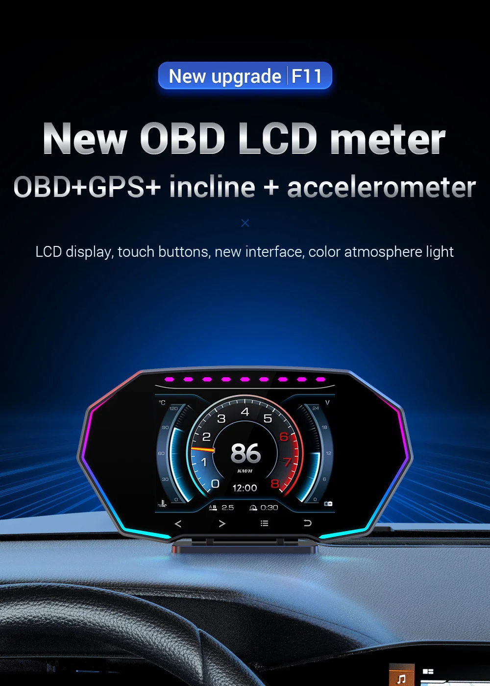 multi-languages newest HUD for Car Digital Speedometer F11 GPS with Real-Time Oil Temp Speed Easy Install OBD2 6 Warming Alarms