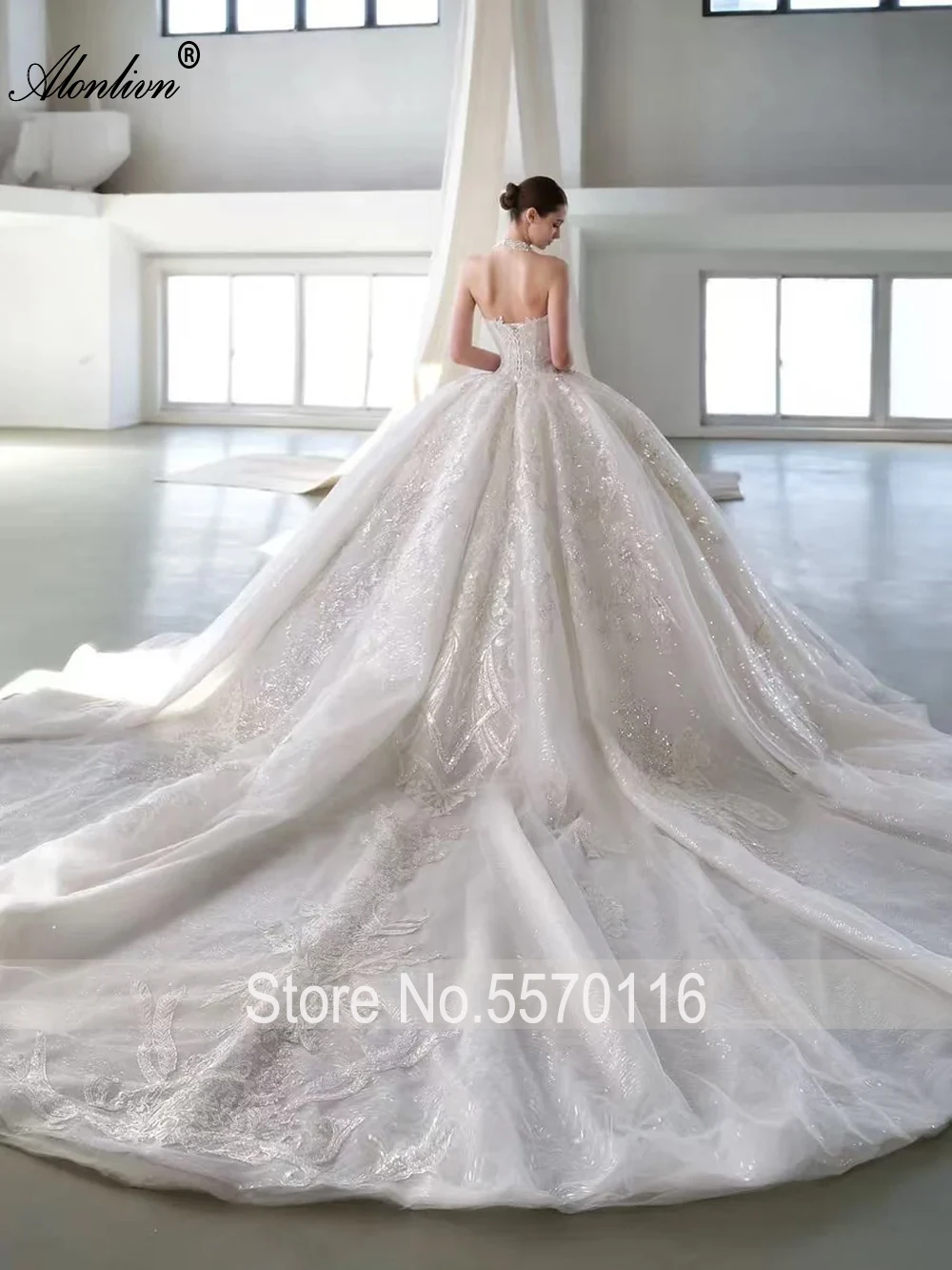 Alonlivn Custom Made Luxurious Embroidery Ball Gown Puffy Wedding Dresses Beading Pearls Uniquite Lace Sweetheart Bride Gowns