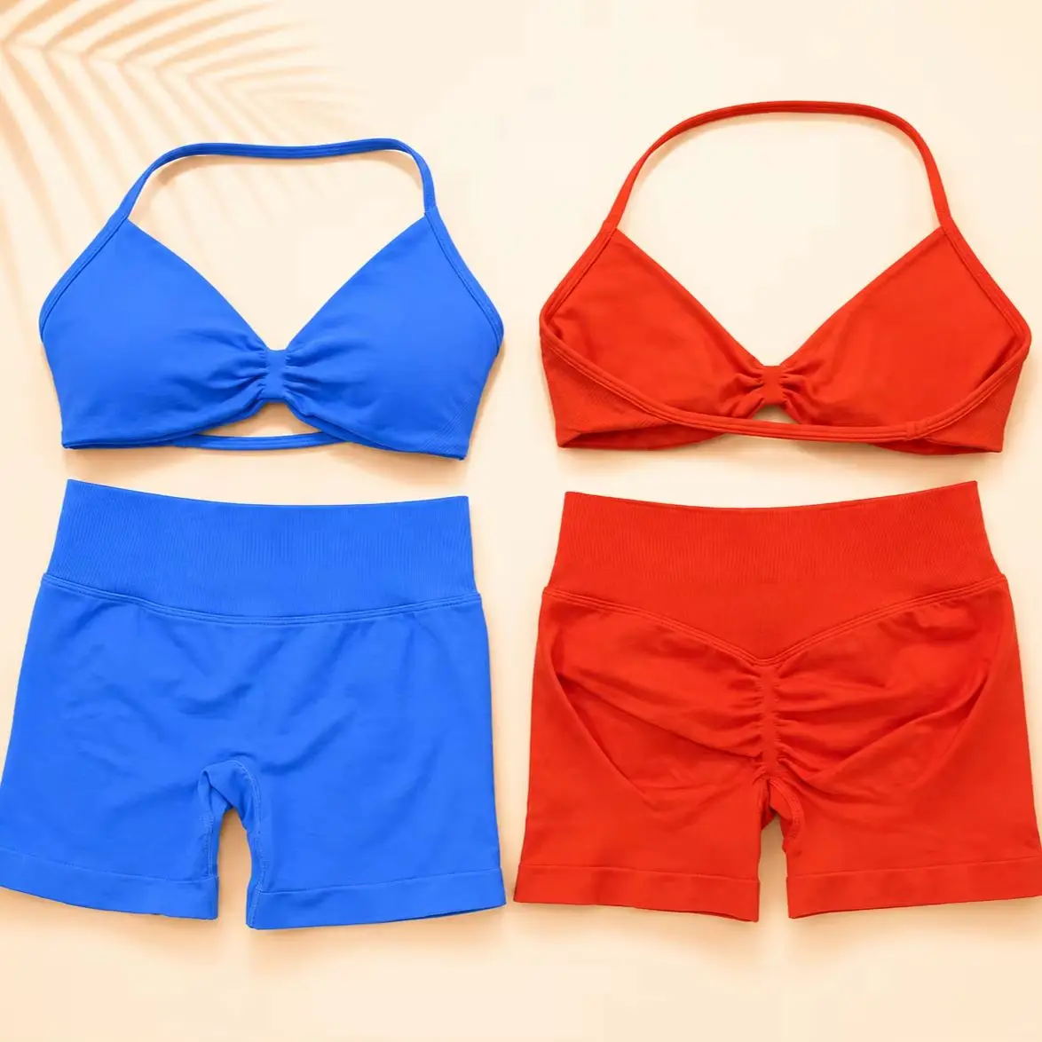 女性用シームレスヨガセット スポーツブラ ハイウエストスクランチショーツ ジムフィットネス アクティブウェア デイリーウェア 1