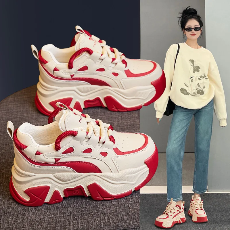 

Women Vulcanized Shoes with Thick Sole and Increased Height New Color Blocking Casual Sports Dad Shoes with Plush Sponge Cake