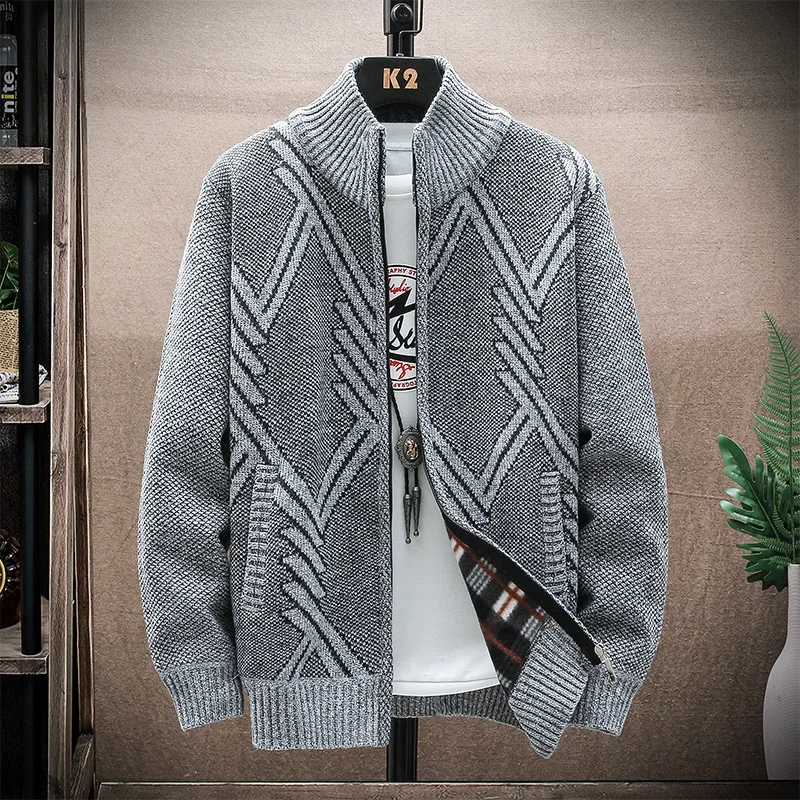 Men\'s Cardigan Sweater 2023 Winter Fleece Zipper Stand-up Collar Solid Color Casual Knitted Sweater Coat Jacket Male Clothing