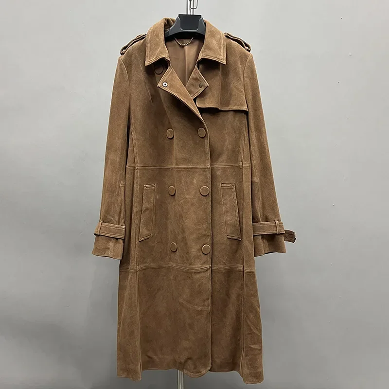 Longo Cintado Jaqueta de Couro Genuíno para Senhoras, 100% Couro, Escritório Blusão, Trench Coat, Casaco De Moda De Luxo, Outono e Inverno